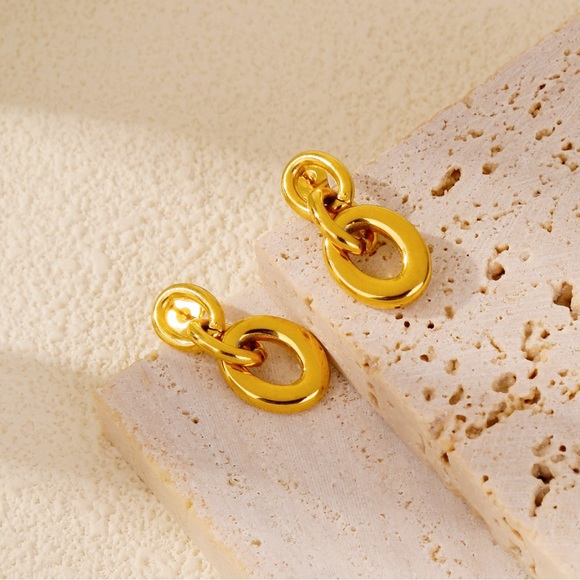 18K Gold Double Hoop Drop Earrings*Everyday Earrings*Waterproof and Tarnish Free - Picture 3 of 7